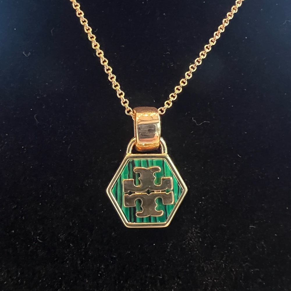 Tory Burch Gold Necklace with Hexagon Green Pendant.